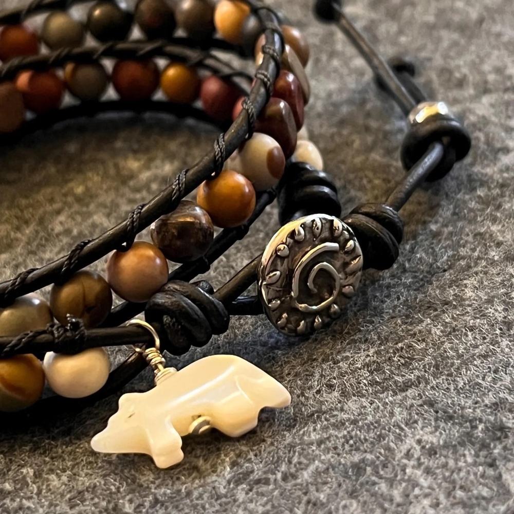Double Wrap Leather Bracelet - Red Creek Jasper, Artisan Clasp, Bear Charm